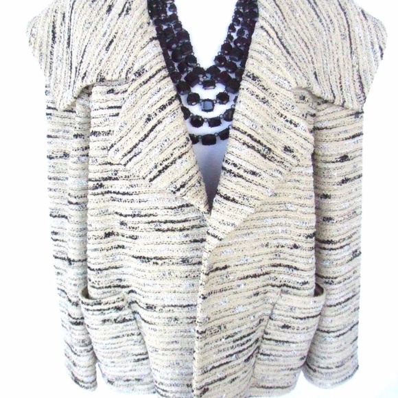 ST JOHN FANTASY TWEED BLACK BEIGE SILVER DRESS JACKET BLAZER TOP SZ6